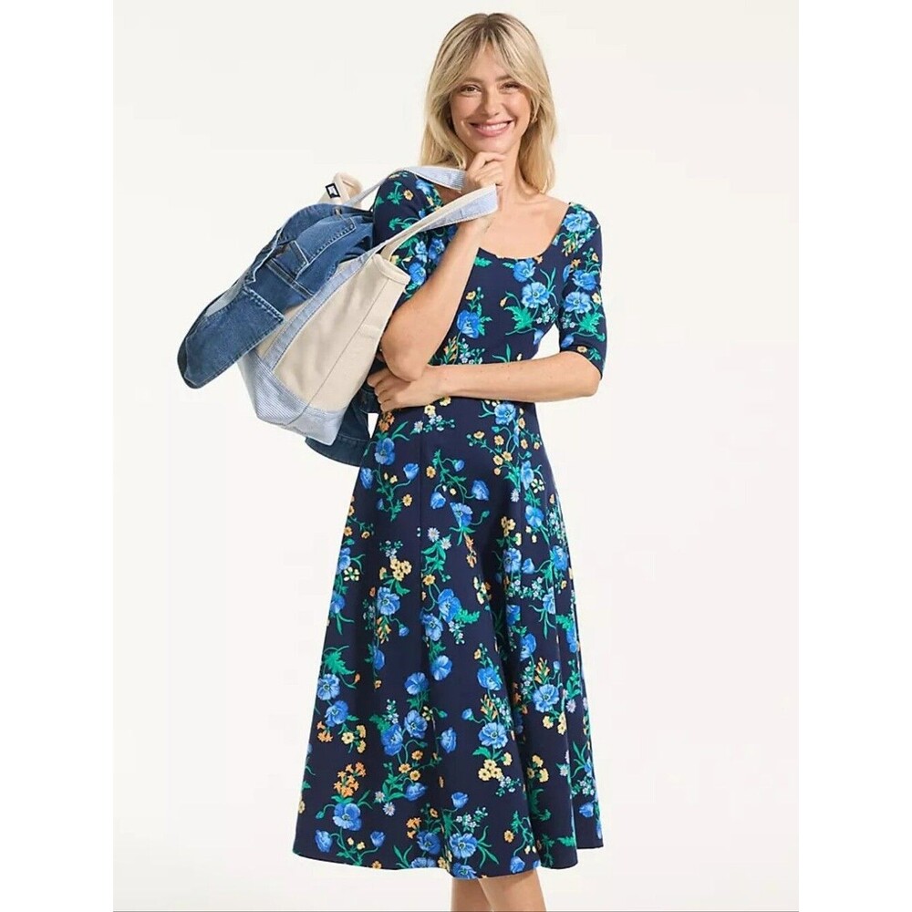 Lands' End Starfish Elbow Sleeve Midi Fit & Flare Dress In Deep Sea Poppy Floral
